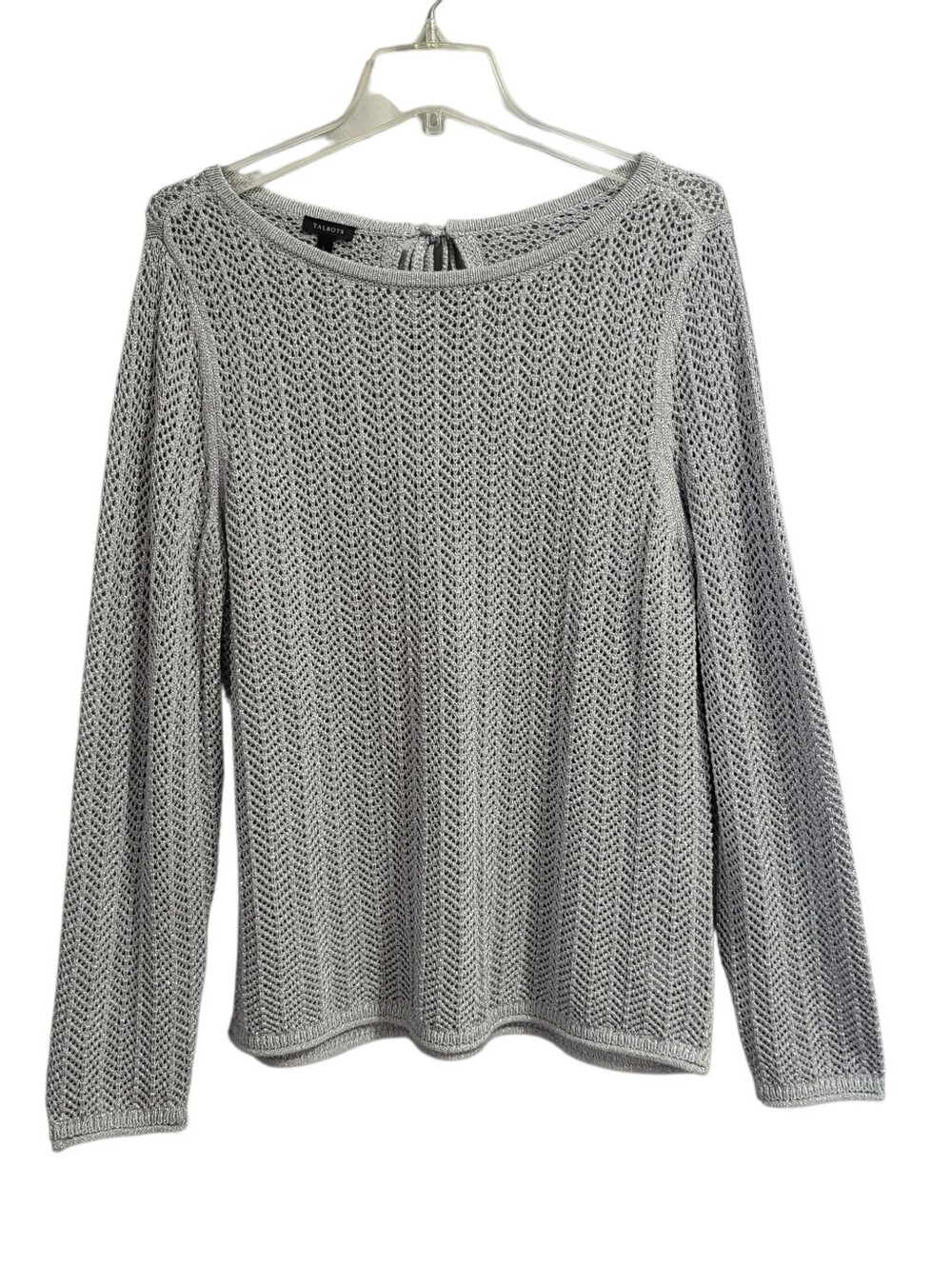 Talbots Sweater Size L Gray Metallic Open Knit Tie Back Tasseled Party Festive